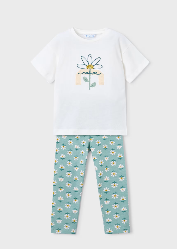Mayoral Sequin Daisy Top & Daisy Print Leggings Style 3727- Lake